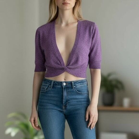 Vintage Y2K 2000s Charlotte Russe Purple Cropped Knit Cardigan Sweater Large - Picture 1 of 5